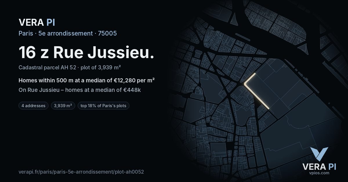 16 z Rue Jussieu, 5e arrondissement at night – the plot lit, the parcels around coloured by the prices near them