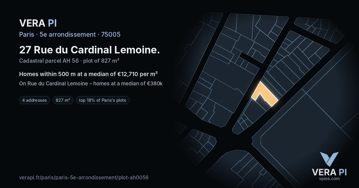 27 Rue du Cardinal Lemoine, 5e arrondissement at night – the plot lit, the parcels around coloured by the prices near them