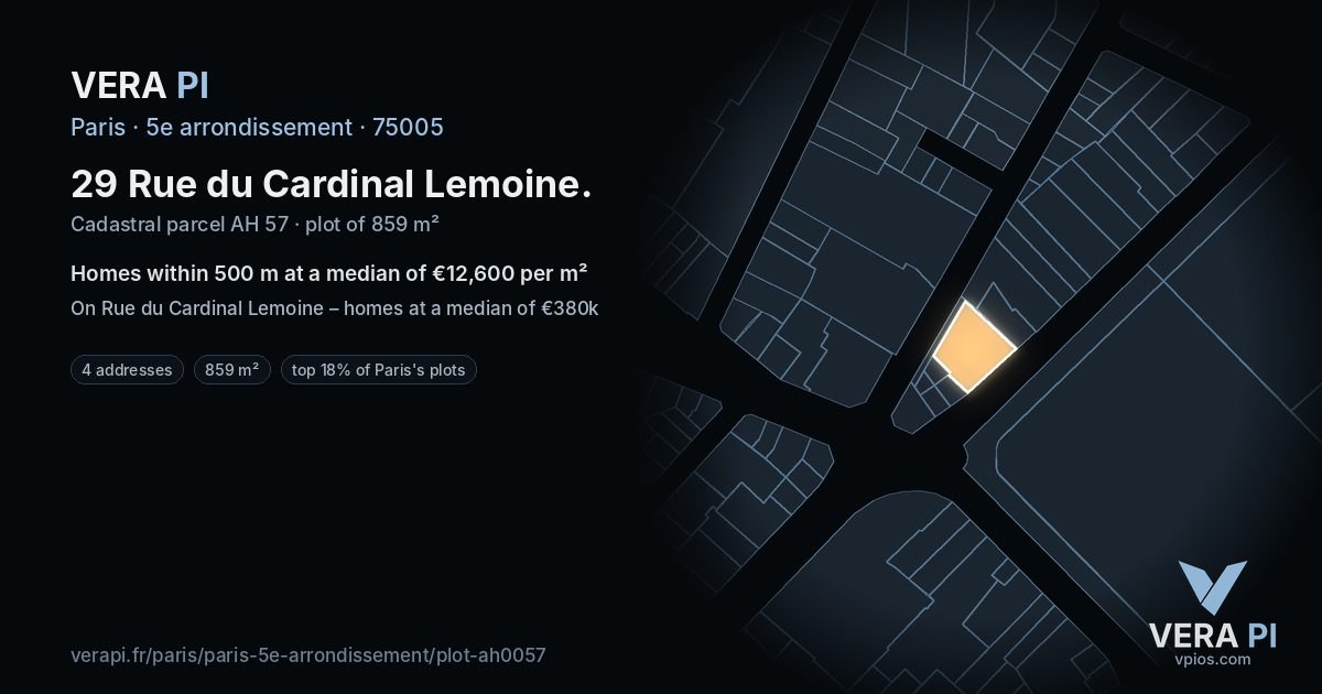 29 Rue du Cardinal Lemoine, 5e arrondissement at night – the plot lit, the parcels around coloured by the prices near them