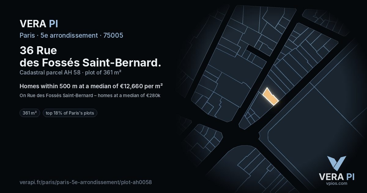 36 Rue des Fossés Saint-Bernard, 5e arrondissement at night – the plot lit, the parcels around coloured by the prices near them