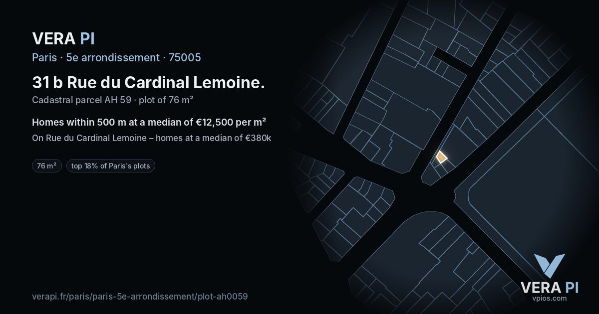 31 b Rue du Cardinal Lemoine, 5e arrondissement at night – the plot lit, the parcels around coloured by the prices near them
