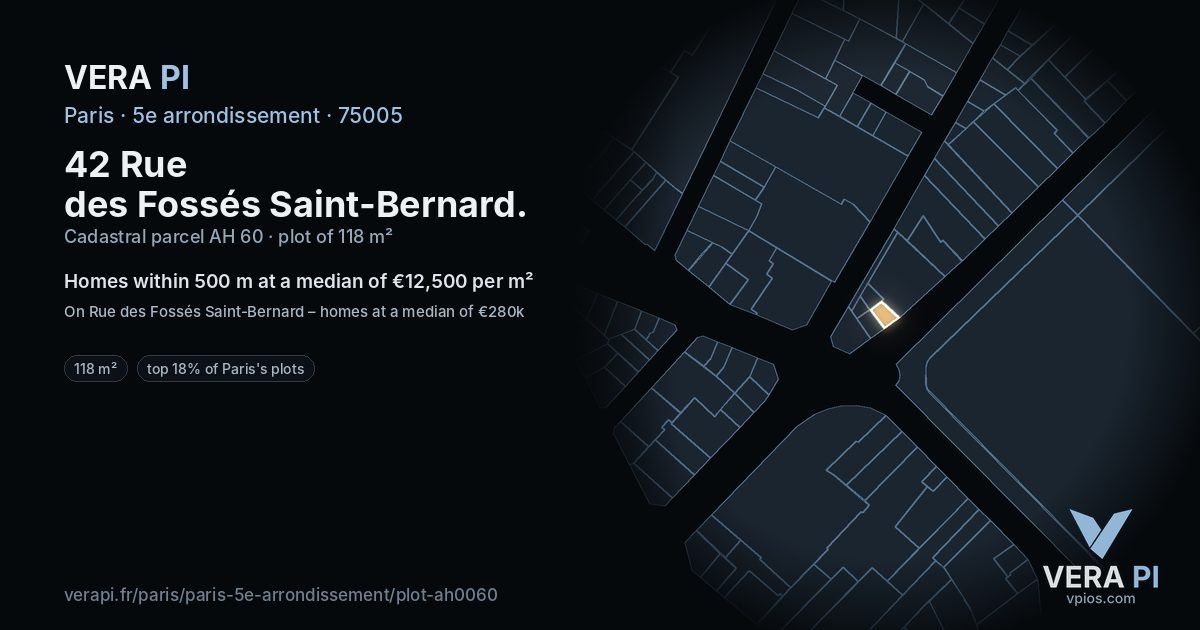 42 Rue des Fossés Saint-Bernard, 5e arrondissement at night – the plot lit, the parcels around coloured by the prices near them
