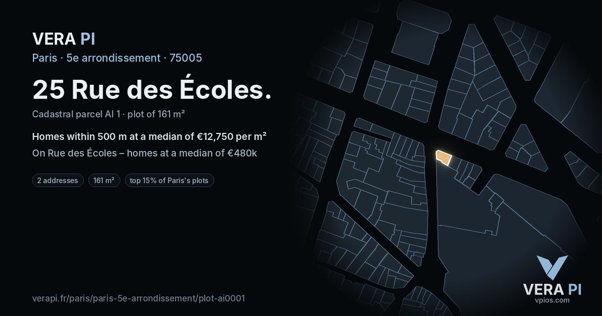 25 Rue des Écoles, 5e arrondissement at night – the plot lit, the parcels around coloured by the prices near them