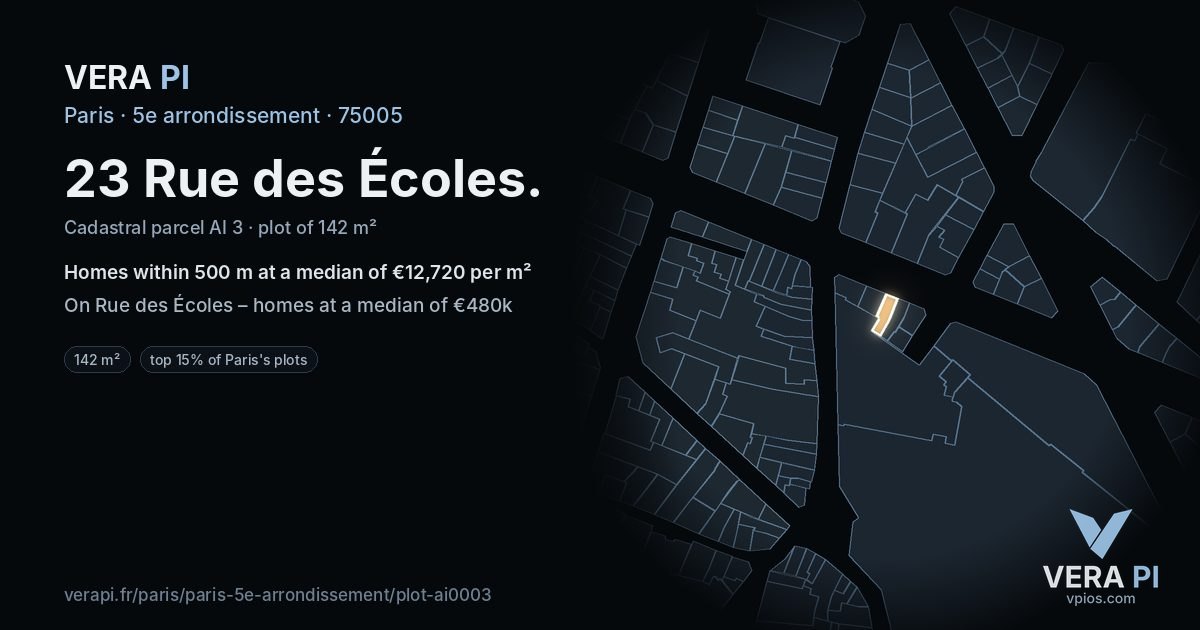 23 Rue des Écoles, 5e arrondissement at night – the plot lit, the parcels around coloured by the prices near them