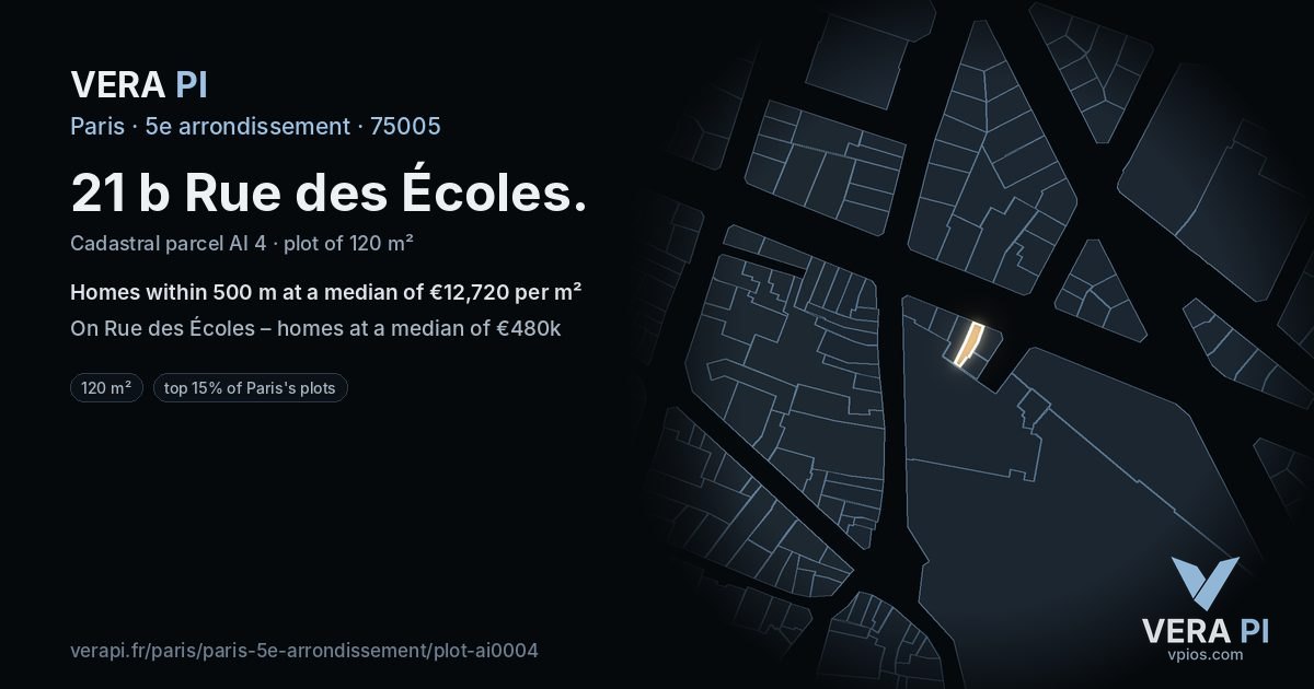 21 b Rue des Écoles, 5e arrondissement at night – the plot lit, the parcels around coloured by the prices near them