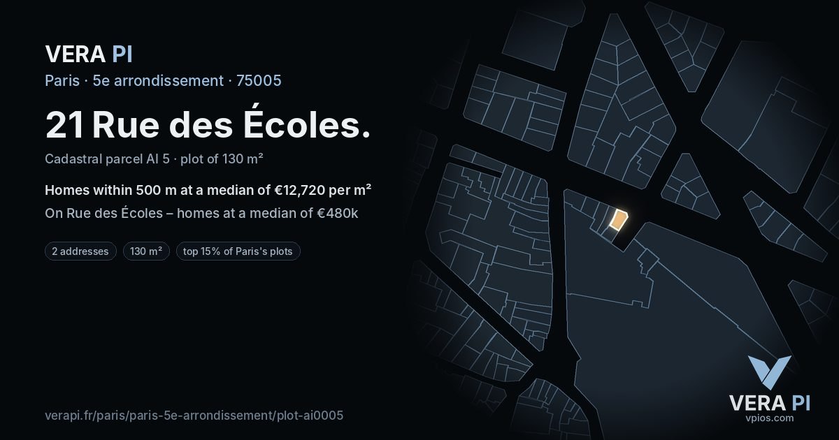21 Rue des Écoles, 5e arrondissement at night – the plot lit, the parcels around coloured by the prices near them