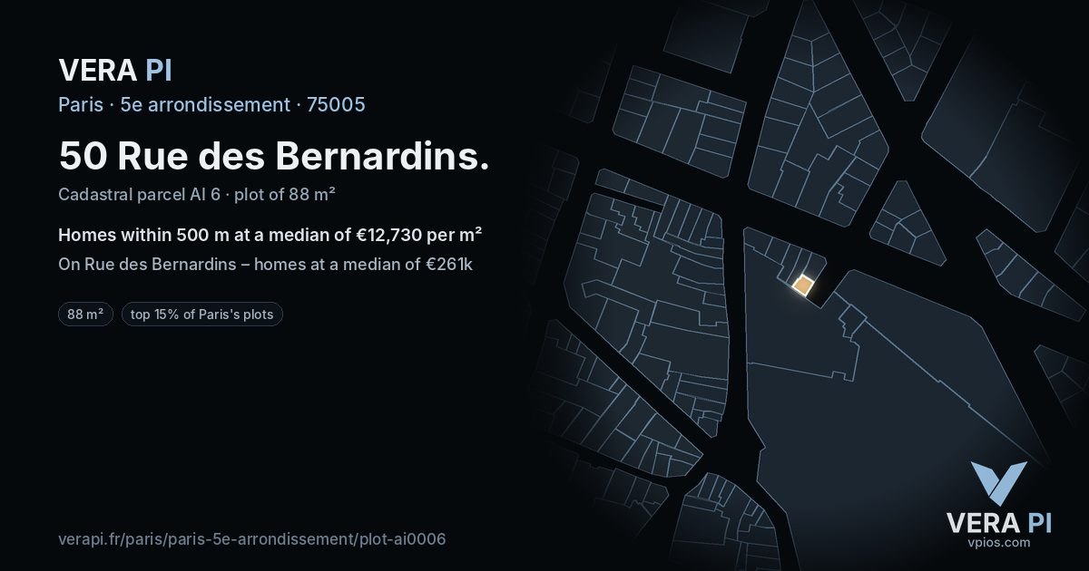 50 Rue des Bernardins, 5e arrondissement at night – the plot lit, the parcels around coloured by the prices near them