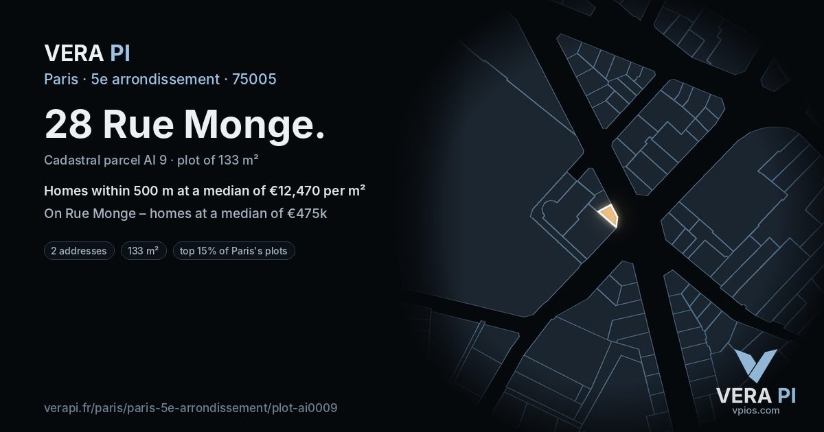 28 Rue Monge, 5e arrondissement at night – the plot lit, the parcels around coloured by the prices near them