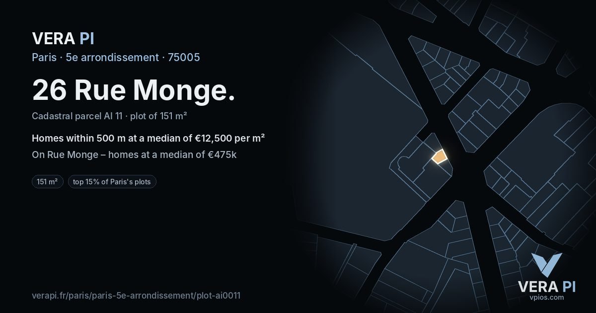26 Rue Monge, 5e arrondissement at night – the plot lit, the parcels around coloured by the prices near them