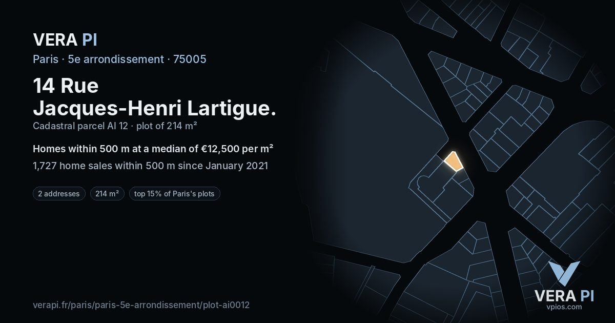 14 Rue Jacques-Henri Lartigue, 5e arrondissement at night – the plot lit, the parcels around coloured by the prices near them