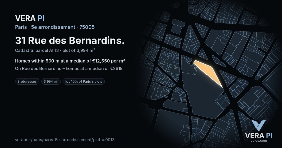 31 Rue des Bernardins, 5e arrondissement at night – the plot lit, the parcels around coloured by the prices near them