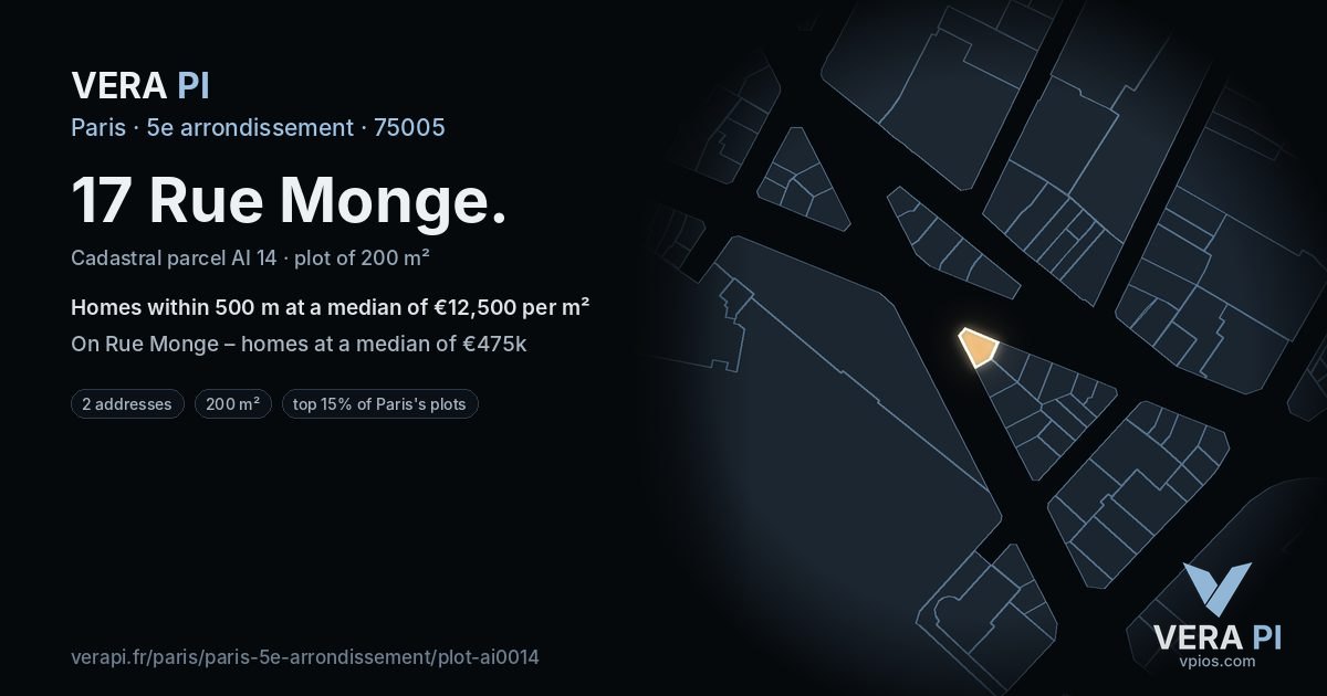 17 Rue Monge, 5e arrondissement at night – the plot lit, the parcels around coloured by the prices near them