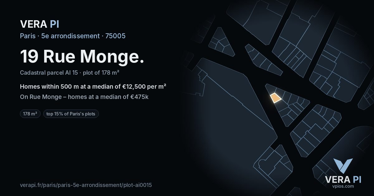 19 Rue Monge, 5e arrondissement at night – the plot lit, the parcels around coloured by the prices near them