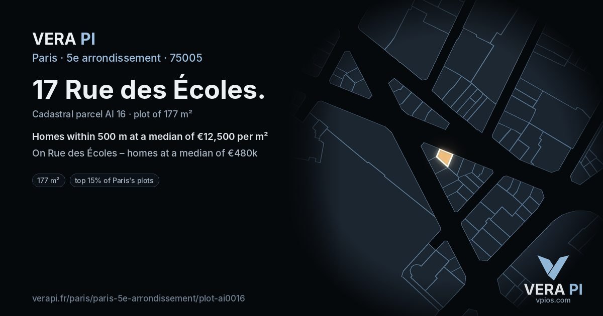17 Rue des Écoles, 5e arrondissement at night – the plot lit, the parcels around coloured by the prices near them