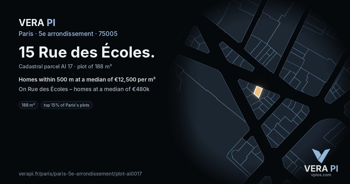15 Rue des Écoles, 5e arrondissement at night – the plot lit, the parcels around coloured by the prices near them