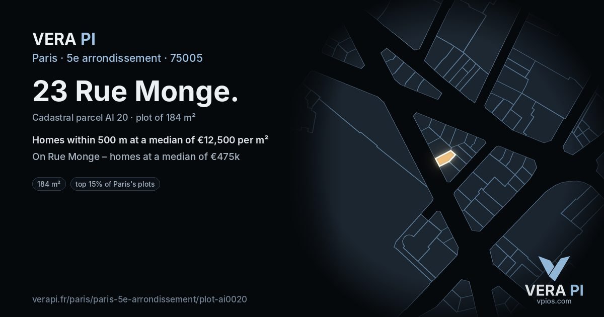 23 Rue Monge, 5e arrondissement at night – the plot lit, the parcels around coloured by the prices near them