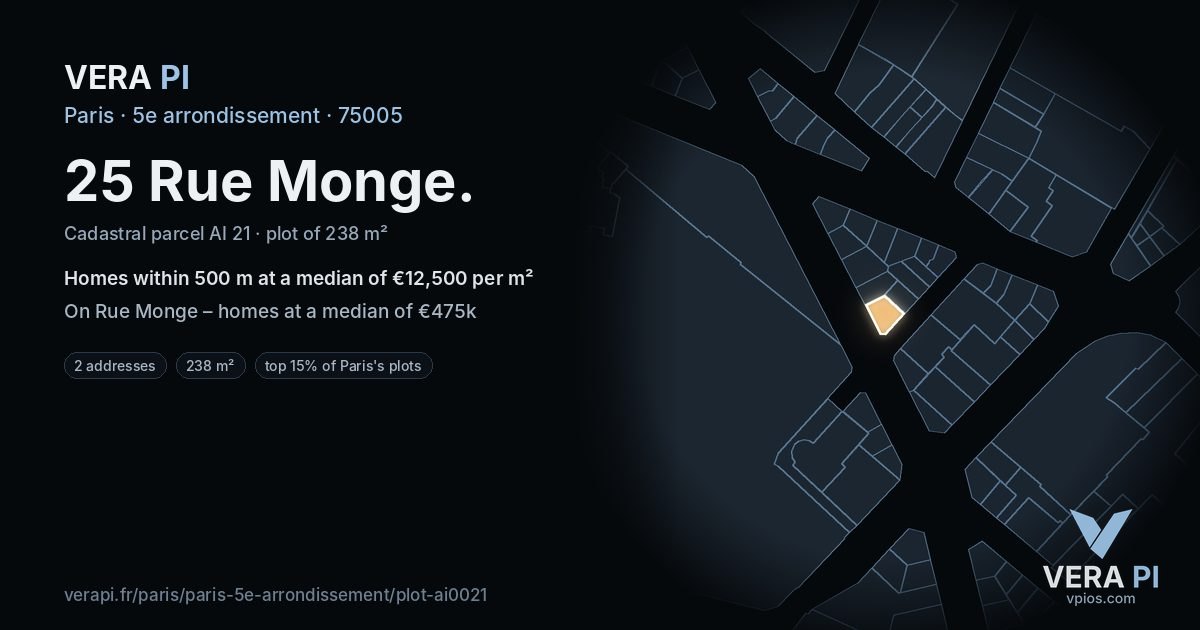 25 Rue Monge, 5e arrondissement at night – the plot lit, the parcels around coloured by the prices near them