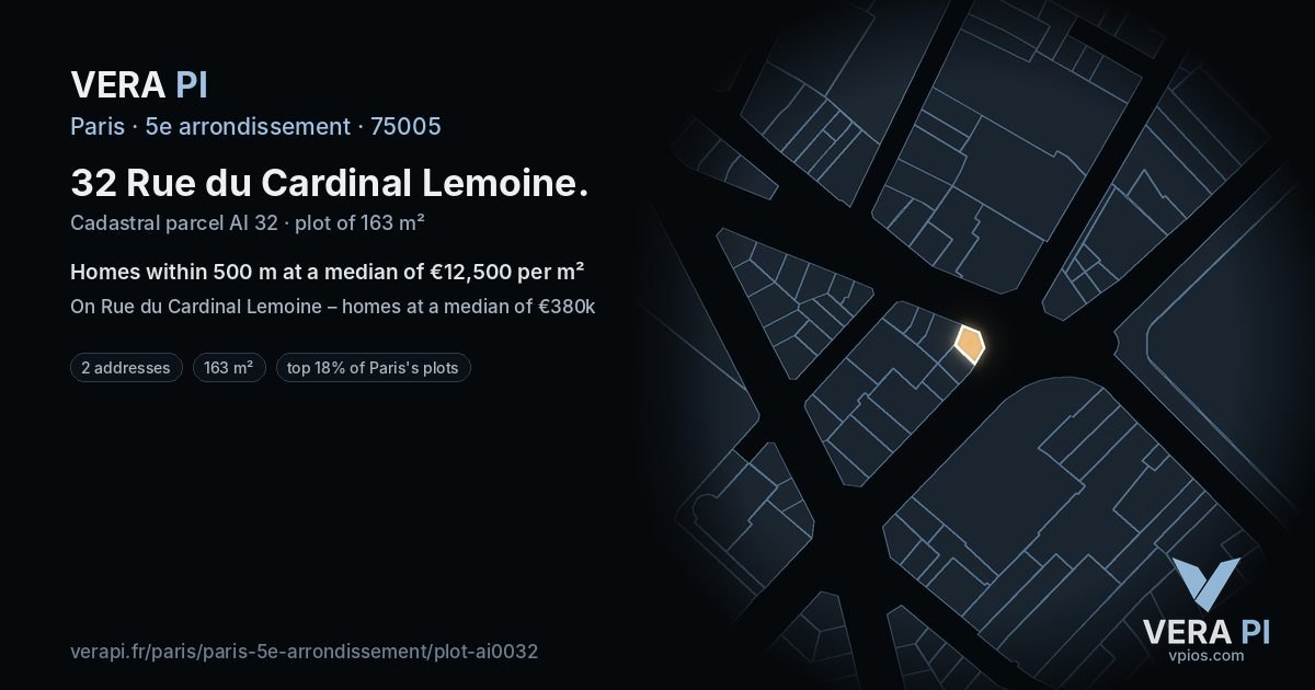 32 Rue du Cardinal Lemoine, 5e arrondissement at night – the plot lit, the parcels around coloured by the prices near them