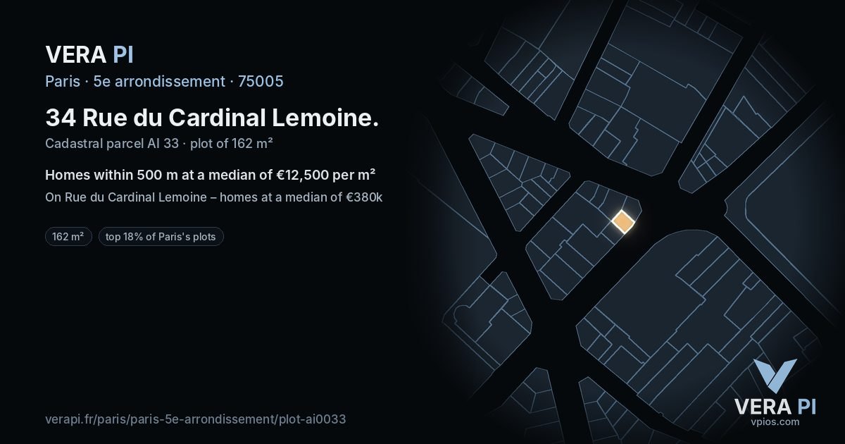 34 Rue du Cardinal Lemoine, 5e arrondissement at night – the plot lit, the parcels around coloured by the prices near them