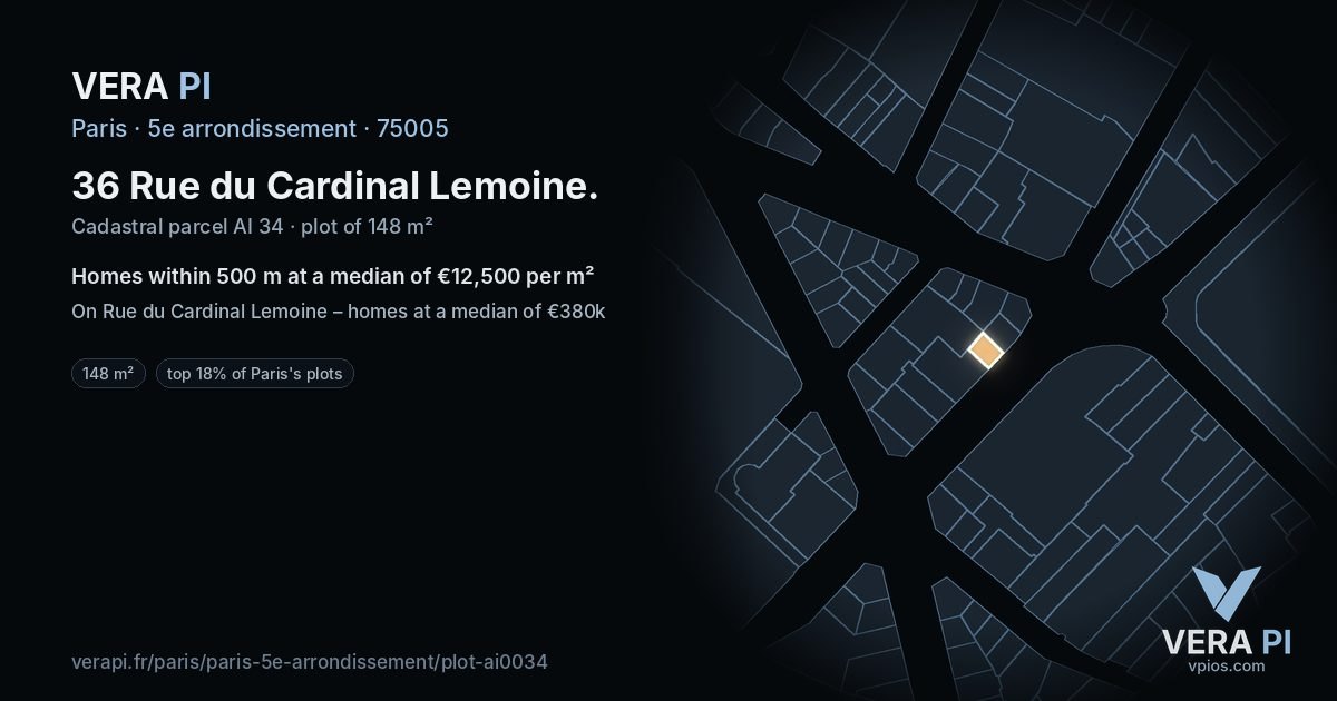 36 Rue du Cardinal Lemoine, 5e arrondissement at night – the plot lit, the parcels around coloured by the prices near them