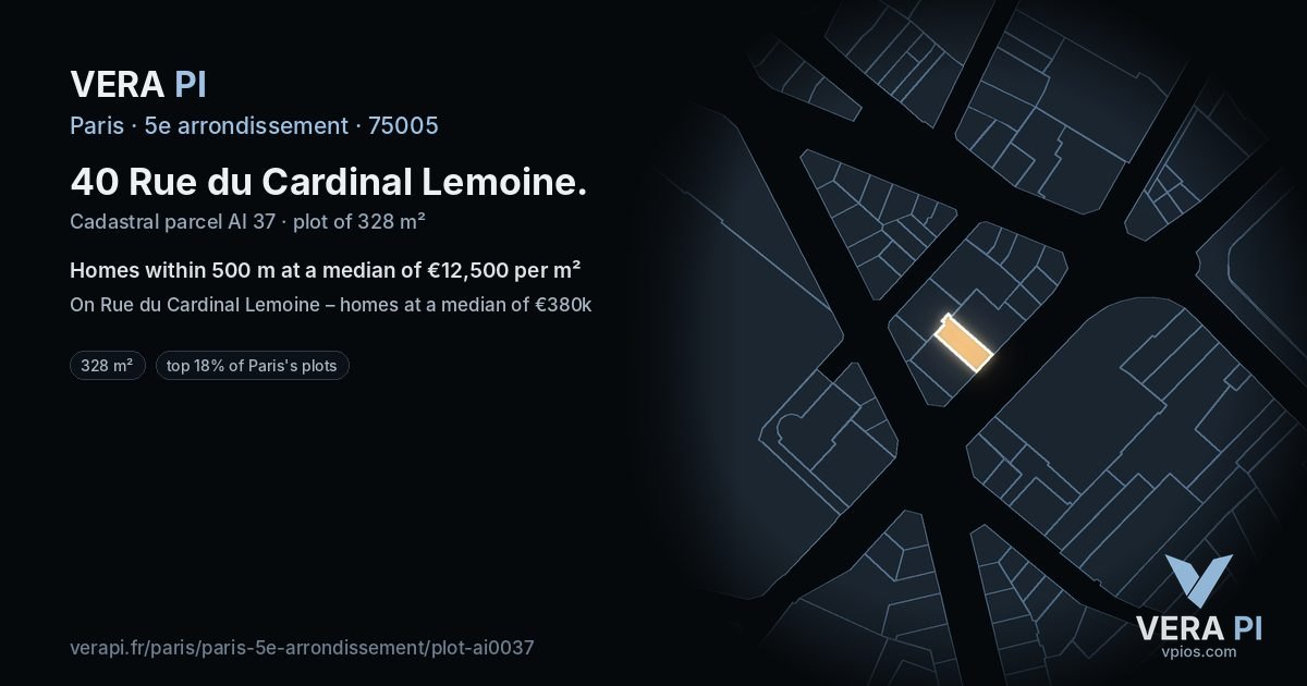 40 Rue du Cardinal Lemoine, 5e arrondissement at night – the plot lit, the parcels around coloured by the prices near them