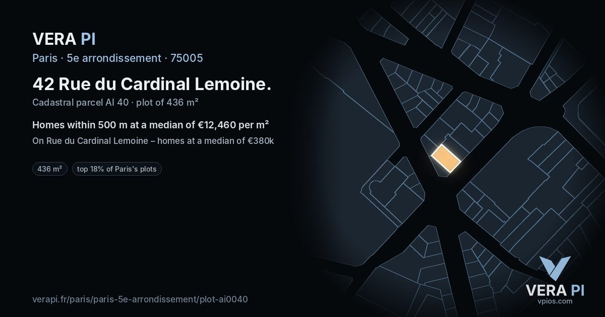 42 Rue du Cardinal Lemoine, 5e arrondissement at night – the plot lit, the parcels around coloured by the prices near them