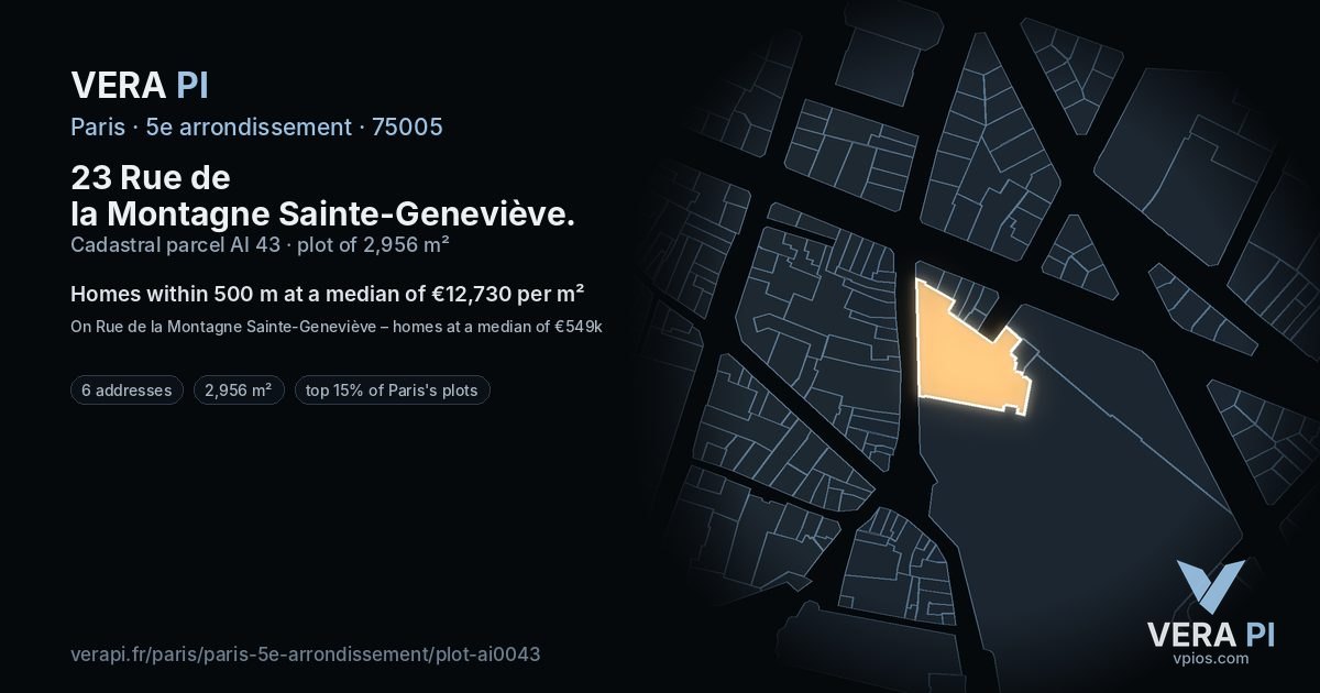 23 Rue de la Montagne Sainte-Geneviève, 5e arrondissement at night – the plot lit, the parcels around coloured by the prices near them