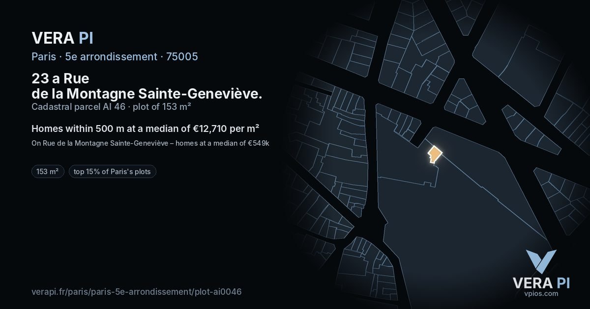 23 a Rue de la Montagne Sainte-Geneviève, 5e arrondissement at night – the plot lit, the parcels around coloured by the prices near them
