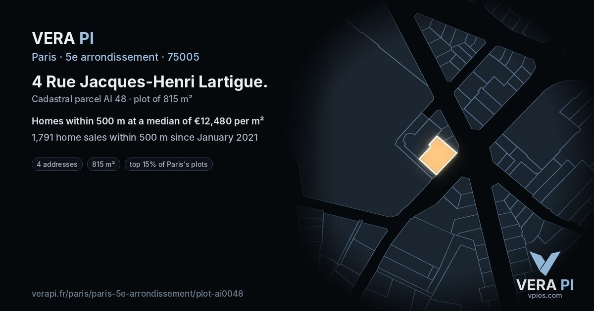 4 Rue Jacques-Henri Lartigue, 5e arrondissement at night – the plot lit, the parcels around coloured by the prices near them