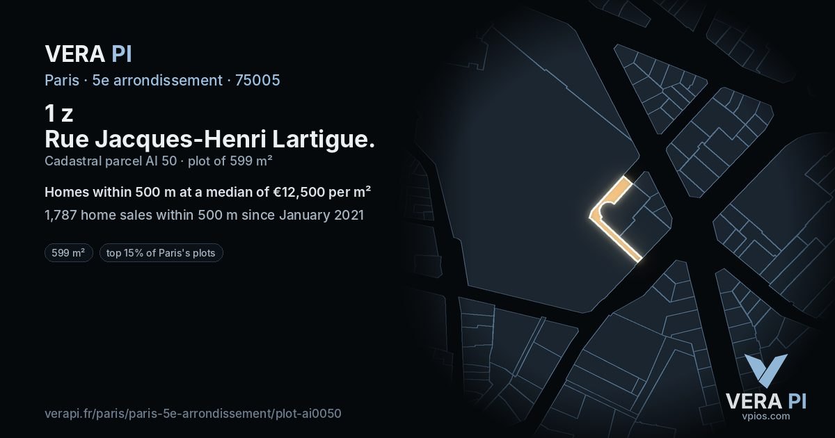 1 z Rue Jacques-Henri Lartigue, 5e arrondissement at night – the plot lit, the parcels around coloured by the prices near them