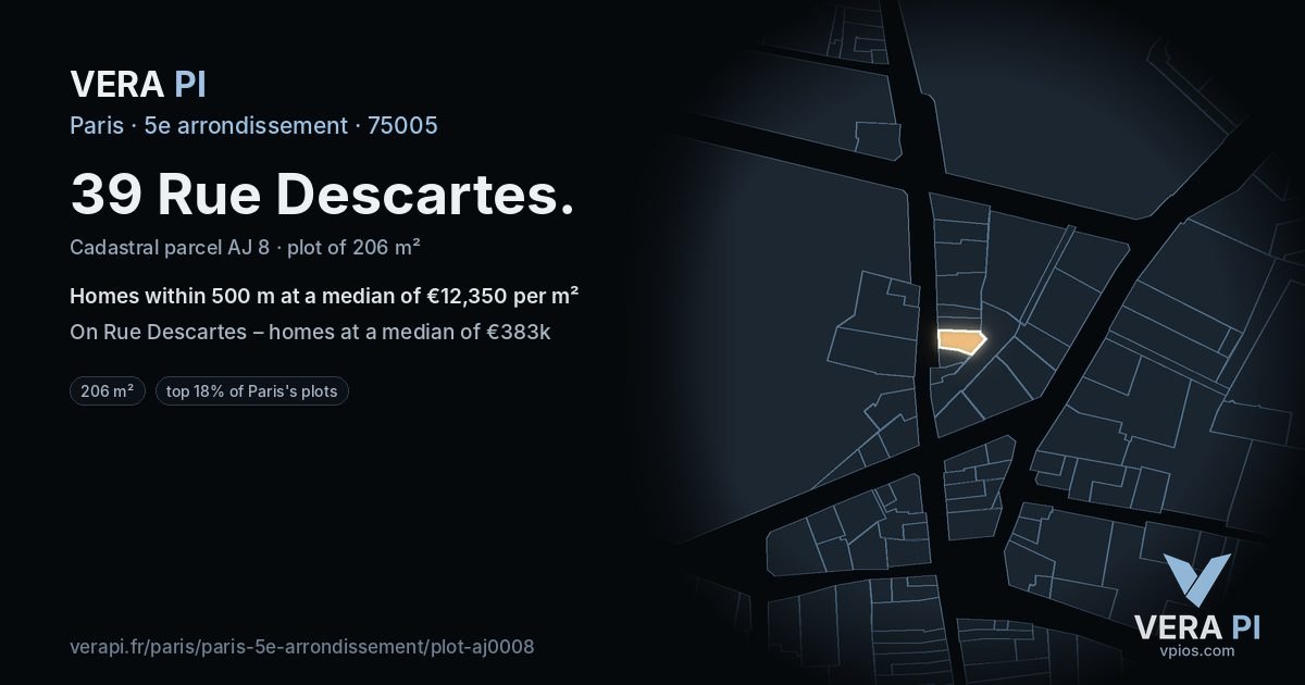 39 Rue Descartes, 5e arrondissement at night – the plot lit, the parcels around coloured by the prices near them