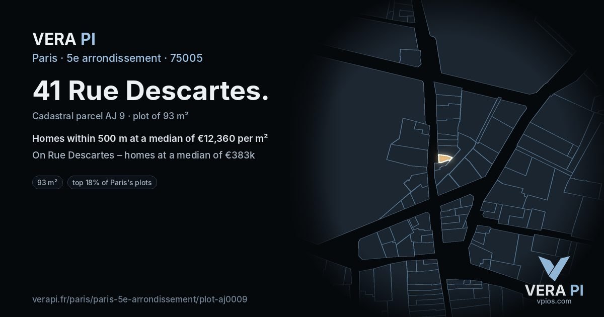 41 Rue Descartes, 5e arrondissement at night – the plot lit, the parcels around coloured by the prices near them