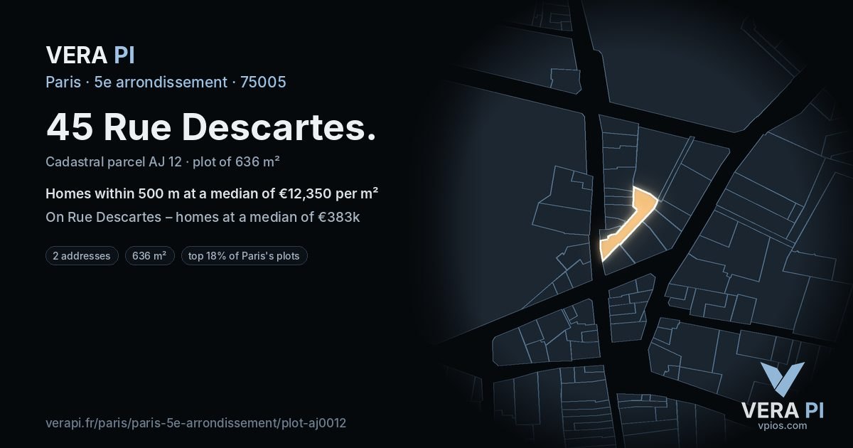 45 Rue Descartes, 5e arrondissement at night – the plot lit, the parcels around coloured by the prices near them