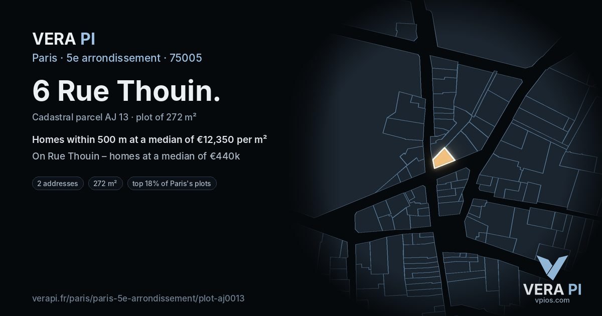 6 Rue Thouin, 5e arrondissement at night – the plot lit, the parcels around coloured by the prices near them