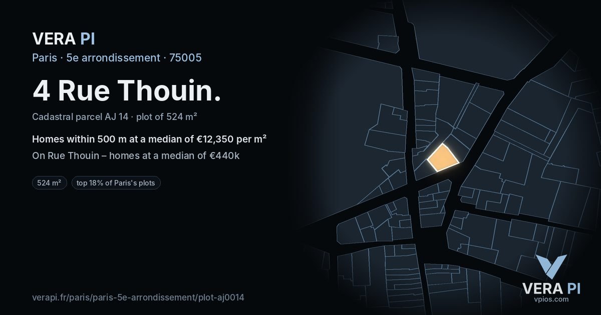 4 Rue Thouin, 5e arrondissement at night – the plot lit, the parcels around coloured by the prices near them