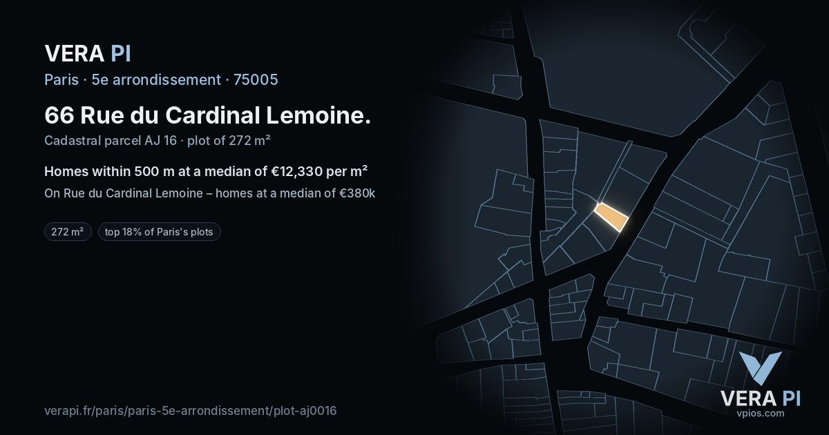 66 Rue du Cardinal Lemoine, 5e arrondissement at night – the plot lit, the parcels around coloured by the prices near them