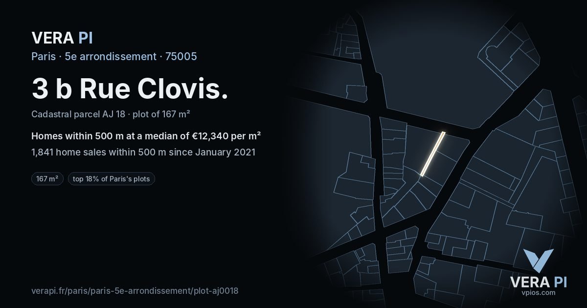 3 b Rue Clovis, 5e arrondissement at night – the plot lit, the parcels around coloured by the prices near them
