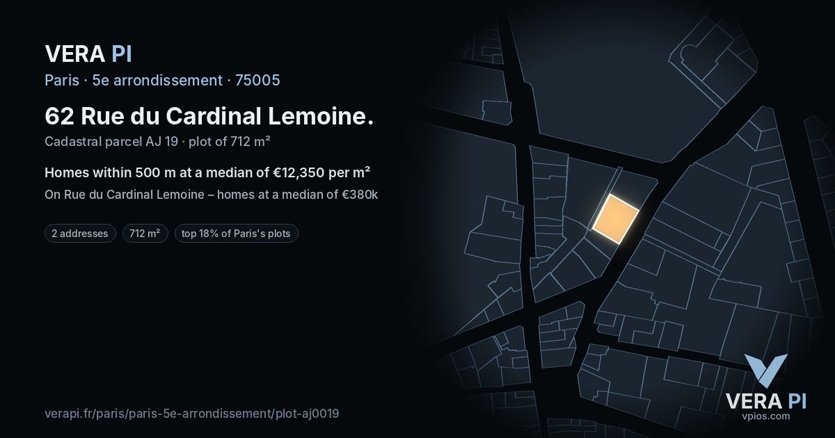 62 Rue du Cardinal Lemoine, 5e arrondissement at night – the plot lit, the parcels around coloured by the prices near them