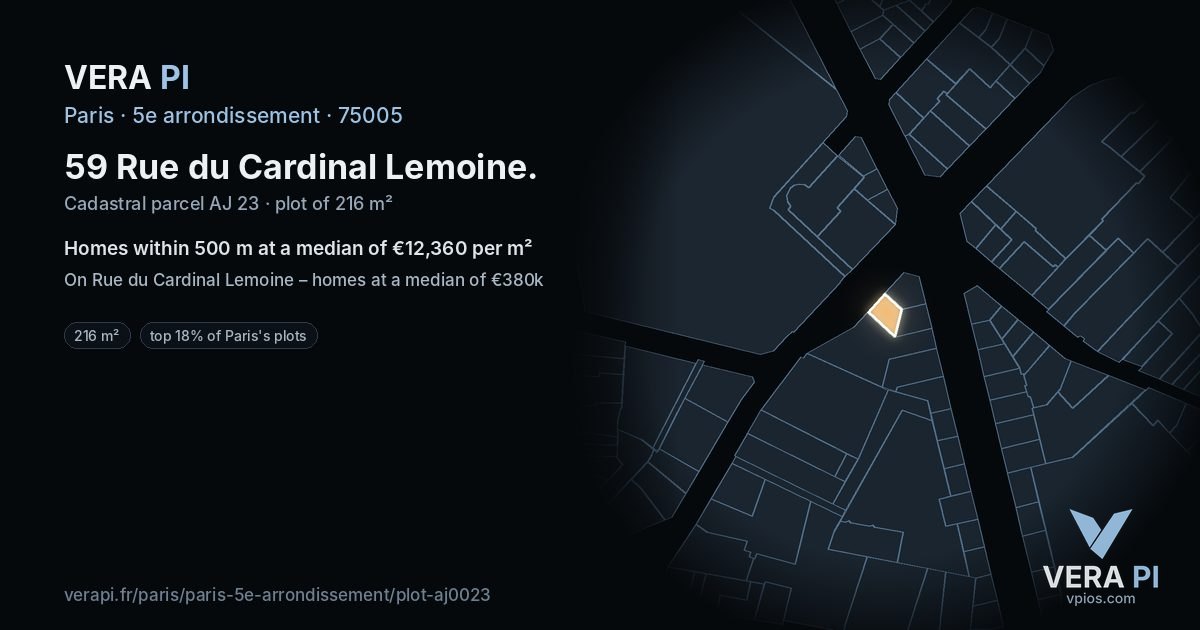 59 Rue du Cardinal Lemoine, 5e arrondissement at night – the plot lit, the parcels around coloured by the prices near them