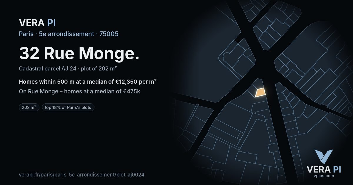 32 Rue Monge, 5e arrondissement at night – the plot lit, the parcels around coloured by the prices near them