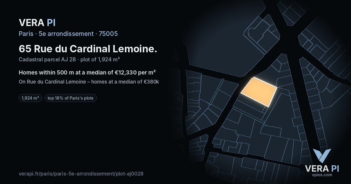 65 Rue du Cardinal Lemoine, 5e arrondissement at night – the plot lit, the parcels around coloured by the prices near them