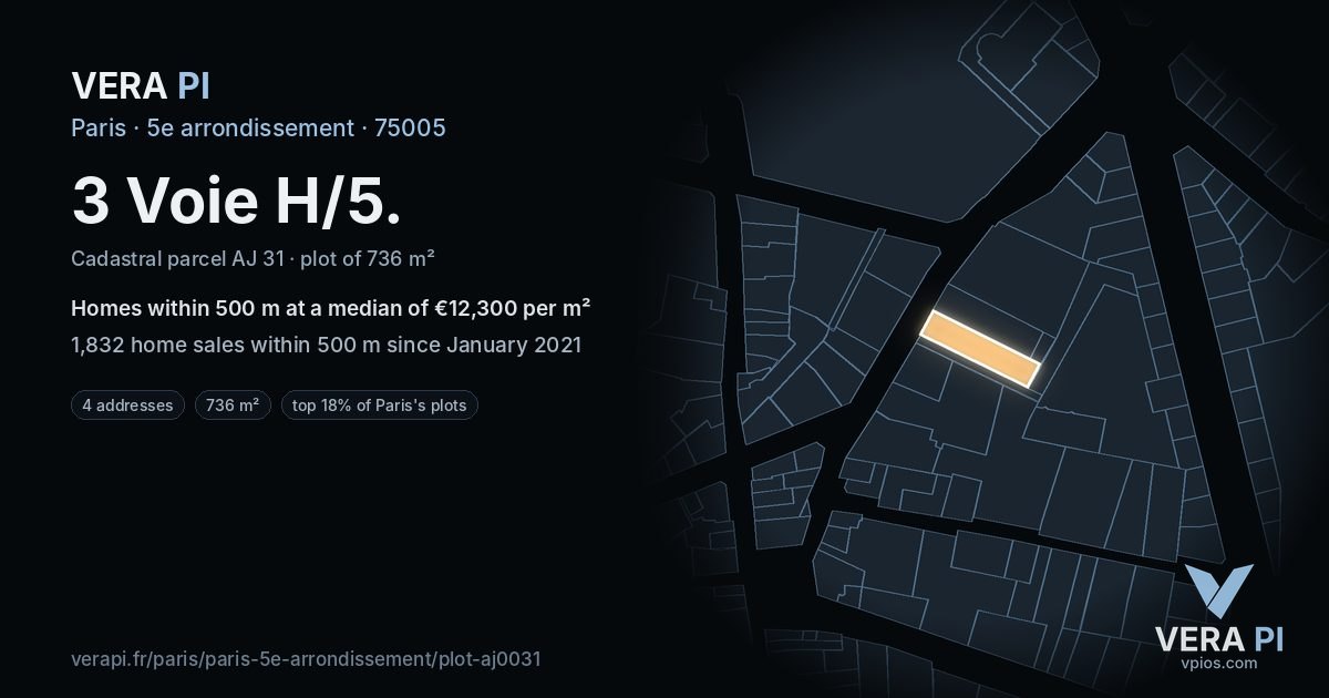 3 Voie H/5, 5e arrondissement at night – the plot lit, the parcels around coloured by the prices near them