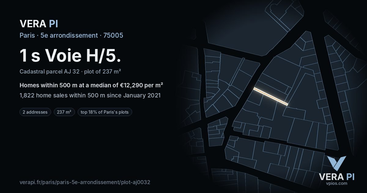 1 s Voie H/5, 5e arrondissement at night – the plot lit, the parcels around coloured by the prices near them