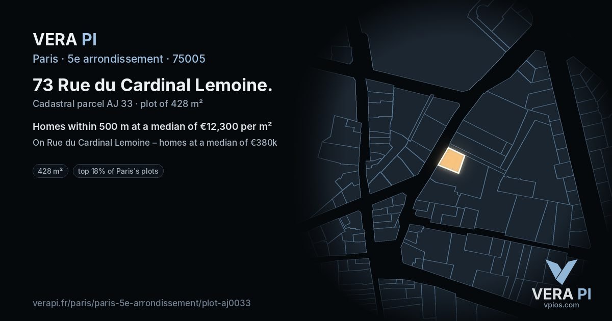 73 Rue du Cardinal Lemoine, 5e arrondissement at night – the plot lit, the parcels around coloured by the prices near them