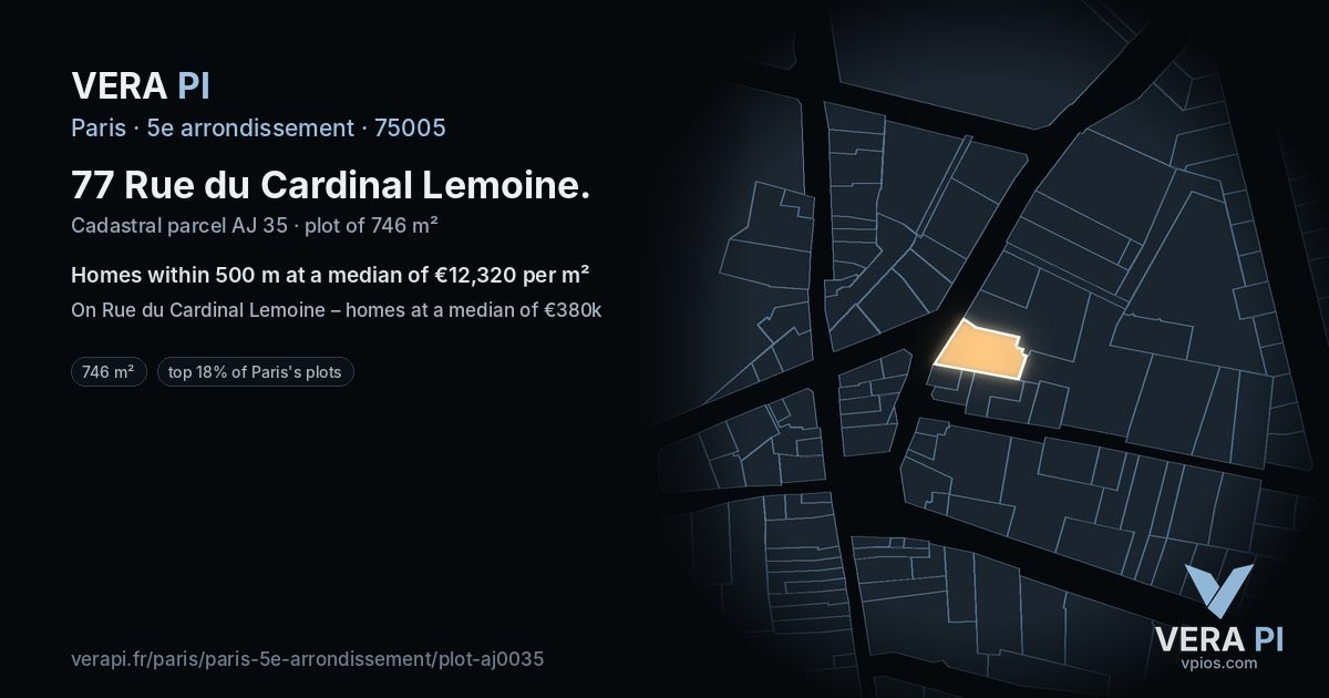 77 Rue du Cardinal Lemoine, 5e arrondissement at night – the plot lit, the parcels around coloured by the prices near them