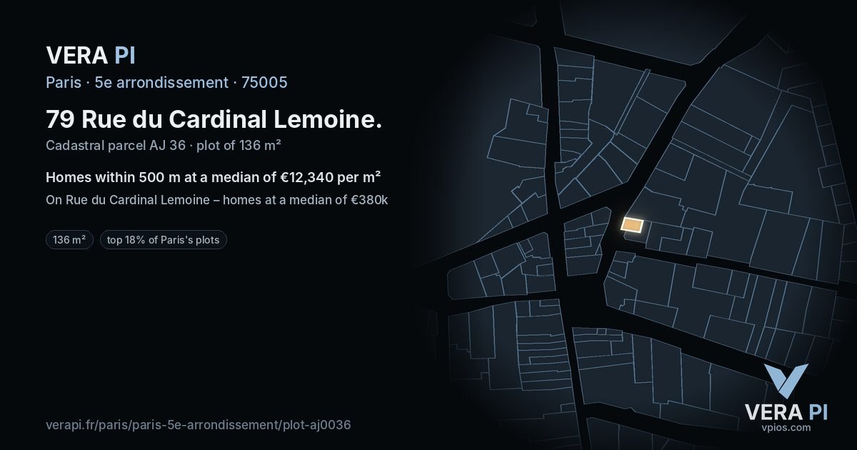 79 Rue du Cardinal Lemoine, 5e arrondissement at night – the plot lit, the parcels around coloured by the prices near them