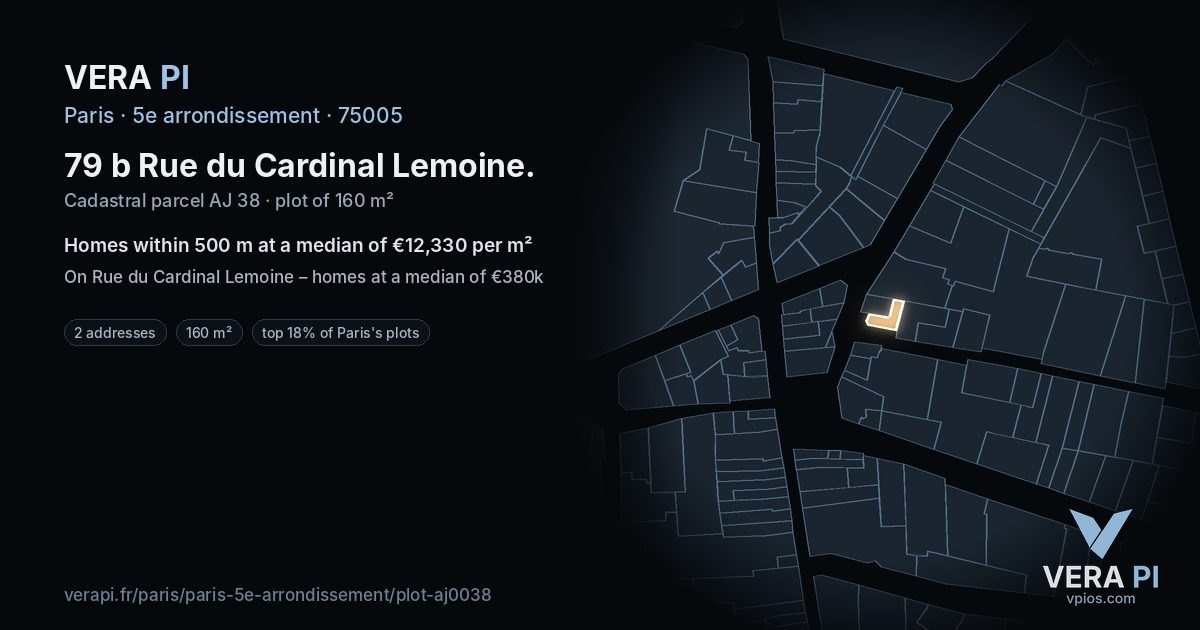 79 b Rue du Cardinal Lemoine, 5e arrondissement at night – the plot lit, the parcels around coloured by the prices near them