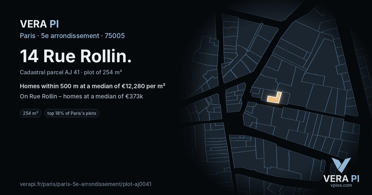 14 Rue Rollin, 5e arrondissement at night – the plot lit, the parcels around coloured by the prices near them