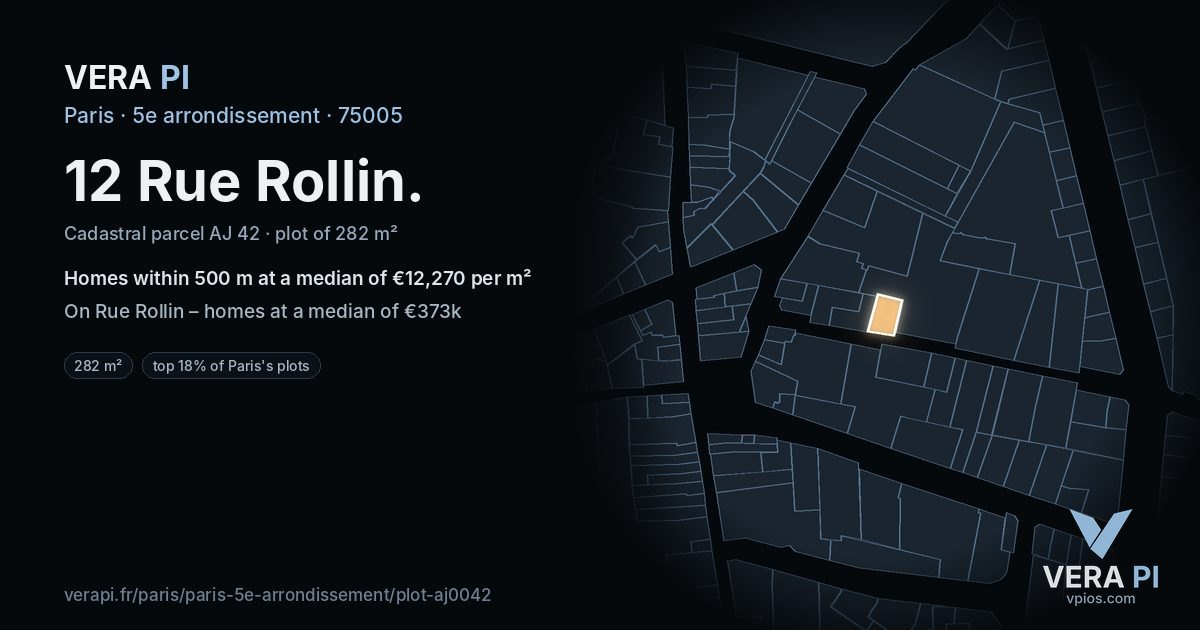 12 Rue Rollin, 5e arrondissement at night – the plot lit, the parcels around coloured by the prices near them