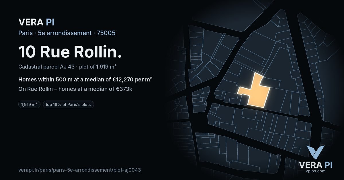 10 Rue Rollin, 5e arrondissement at night – the plot lit, the parcels around coloured by the prices near them